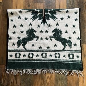 Reversible Horse & Stars Poncho Shawl Western Fringe Green White
